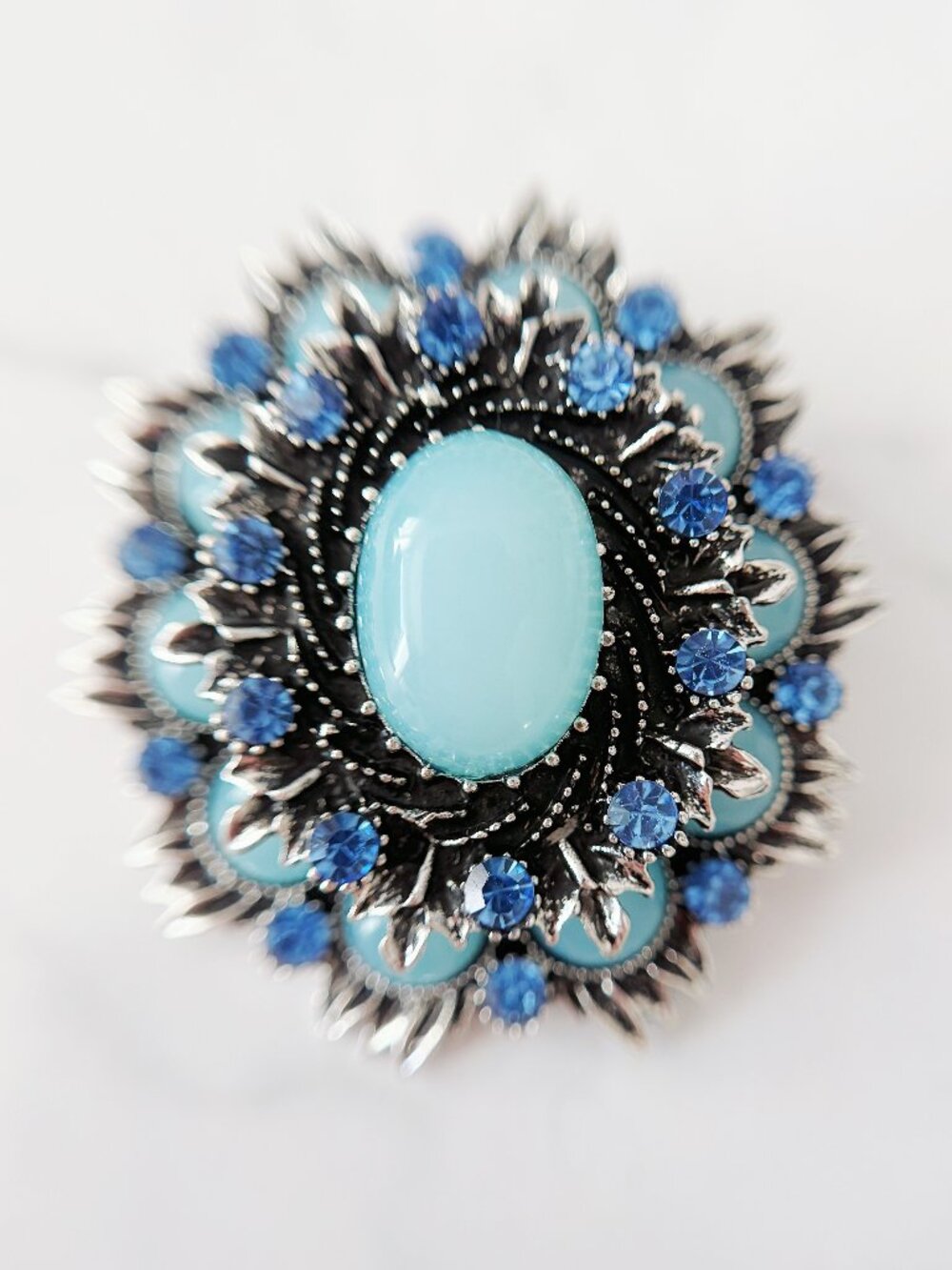 Vintage-Style Aqua Blue Brooch with Rhinestones in Antique Silver Tone